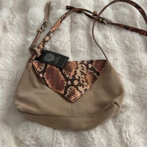 Vince Camuto Tan and Brown Shoulder Bag with Snakeskin Detail